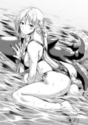 Rule 34 | 1girl, ass, between legs, blush, braid, breasts, commentary request, covered erect nipples, elf, feet, flower, full body, greyscale, hair flower, hair ornament, hand between legs, highres, inflatable toy, kawajuu, kneeling, large breasts, legs, long hair, looking at viewer, monochrome, original, parted lips, pointy ears, soaking feet, solo, sweat, sweatdrop, swimsuit, water