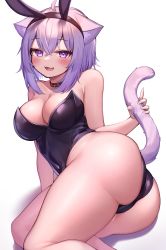 Rule 34 | 1girl, :d, absurdres, ahoge, animal collar, animal ears, ass, bad id, bad twitter id, bare legs, bare shoulders, black collar, black hairband, black leotard, blush, breasts, cat ears, cat girl, cat tail, cleavage, collar, deaver, fake animal ears, fang, feet out of frame, hair between eyes, hairband, highres, holding own tail, hololive, hololive gamers, kittysuit, leotard, looking at viewer, lying, medium breasts, nekomata okayu, nontraditional playboy bunny, on side, open mouth, playboy bunny, purple eyes, purple hair, rabbit ears, short hair, sitting, smile, solo, strapless, strapless leotard, tail, thighs, virtual youtuber, yokozuwari