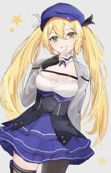 Rule 34 | 1girl, black gloves, blonde hair, blue headwear, breasts, cleavage, commentary, dokibird (vtuber), dress, fingerless gloves, gloves, green eyes, grey background, hair between eyes, highres, indie virtual youtuber, large breasts, long hair, long sleeves, looking at viewer, shuuzo3, single leg pantyhose, smile, solo, symbol-only commentary, teeth, thigh strap, twintails, very long hair