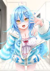 Rule 34 | 1girl, :d, ahoge, blue hair, blue jacket, blush, breasts, camisole, character hair ornament, cleavage, colored tips, cowboy shot, crossed bangs, daifuku (yukihana lamy), doorway, double-parted bangs, empire waist, frilled camisole, frilled skirt, frills, fur-trimmed jacket, fur trim, hair between eyes, hair ornament, hairclip, hand up, heart, heart ahoge, highres, hololive, indoors, jacket, kuuneru514, large breasts, leaning forward, long hair, looking at viewer, messy hair, multicolored hair, official alternate costume, open mouth, outstretched hand, pajamas, partially unzipped, pointy ears, polka dot camisole, pov doorway, skirt, sleepwear, sleeves past fingers, sleeves past wrists, smile, solo, streaked hair, striped clothes, striped jacket, twitter username, very long hair, virtual youtuber, waving, white camisole, white skirt, yellow eyes, yukihana lamy, yukihana lamy (loungewear), yukimin (yukihana lamy)