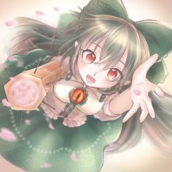 Rule 34 | 1girl, arm cannon, black wings, blouse, brown hair, buttons, center frills, cherry blossoms, collared shirt, control rod, frilled shirt collar, frilled skirt, frills, green skirt, highres, long hair, petals, puffy short sleeves, puffy sleeves, red eyes, reiuji utsuho, shirt, short sleeves, simple background, skirt, solo, third eye, touhou, weapon, white background, white shirt, wings, zaku rooo03
