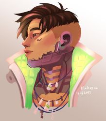Rule 34 | 1boy, absurdres, apex legends, artist name, black eyes, black hair, collarbone, commentary, cropped torso, crypto (apex legends), dated, english commentary, gradient background, highres, jacket, jewelry, lila (lilakeylk), looking to the side, male focus, necklace, parted hair, portrait, smile, solo, undercut, white jacket