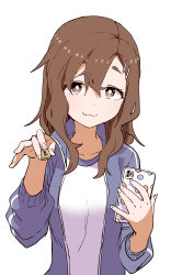 Rule 34 | 1girl, absurdres, blue jacket, breasts, brown eyes, brown hair, cellphone, closed mouth, collarbone, commentary request, eyebrows hidden by hair, hair between eyes, hair ornament, hairclip, hands up, highres, holding, holding phone, jacket, long hair, long sleeves, looking at viewer, maki (soredemo ayumu wa yosetekuru), medium breasts, open clothes, open jacket, phone, shirt, shogi piece, short eyebrows, simple background, smile, solo, soredemo ayumu wa yosetekuru, thick eyebrows, track jacket, upper body, white background, white shirt, yamamoto souichirou