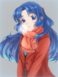 Rule 34 | 1girl, asakura ryouko, blue eyes, blue hair, closed mouth, coat, grey background, hair intakes, highres, long hair, looking at viewer, nao (doublexdutch), open clothes, open coat, orange scarf, red coat, scarf, school uniform, smile, solo, suzumiya haruhi no yuuutsu, upper body, winter clothes, winter coat