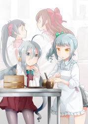 Rule 34 | 10s, 4girls, ahoge, apron, black hair, blue hair, bow, brown hair, comah, commentary request, food, grey eyes, grey hair, hair bow, head rest, irako (kancolle), kantai collection, kappougi, kasumi (kancolle), kiyoshimo (kancolle), long hair, low twintails, mamiya (kancolle), multicolored hair, multiple girls, ohitsu, onigiri, open mouth, pantyhose, ponytail, school uniform, side ponytail, smile, table, twintails, yellow eyes