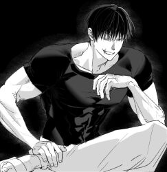 Rule 34 | 1boy, collarbone, covered abs, figure four sitting, fushiguro touji, greyscale, grin, hand on own ankle, hand up, jujutsu kaisen, looking at viewer, male focus, monochrome, muscular, muscular male, no socks, noeardog, pants, pectorals, sandals, scar, scar on arm, scar on face, scar on mouth, shirt, short hair, short sleeves, smile, solo