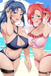 Rule 34 | 2girls, beach, blue eyes, blue hair, breasts, cleavage, fire emblem, fire emblem: mystery of the emblem, fire emblem: new mystery of the emblem, fire emblem heroes, green eyes, highres, holding hands, kris (female) (fire emblem), kris (fire emblem), looking at viewer, multiple girls, nintendo, norne (fire emblem), outdoors, red hair, swimsuit, toshimasa