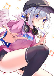 Rule 34 | 1girl, absurdres, amane kanata, angel, angel wings, batarop, black hat, black skirt, black thighhighs, blush, character name, clothes writing, hat, headphones, headphones around neck, highres, hololive, long hair, looking at viewer, open mouth, pink shirt, shirt, skirt, solo, star (symbol), thighhighs, virtual youtuber, wings