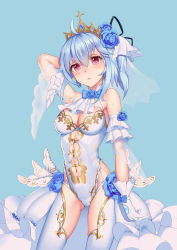 Rule 34 | 1girl, absurdres, bare shoulders, bili girl 33, bilibili, black ribbon, blue bow, blue flower, blue hair, blue rose, blush, bow, breasts, cleavage, clothing cutout, flower, gloves, hair flower, hair ornament, hair ribbon, highres, large breasts, looking at viewer, navel, navel cutout, parted lips, pink eyes, ribbon, rose, short hair, short ponytail, side ponytail, solo, white gloves, xian yu zhanshi