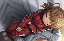 Rule 34 | 1boy, 1girl, barefoot, black nails, blunt bangs, blush, brown hair, carrying, carrying person, character request, closed eyes, copyright request, haraguro jakku, highres, jacket, multicolored hair, nail polish, pov, princess carry, red hair, sleeping, streaked hair, track jacket, track suit