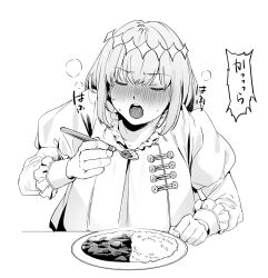 Rule 34 | 1boy, blush, closed eyes, collared shirt, commentary request, crown, curry, curry rice, diamond (shape), diamond crown, diamond hairband, eating, fate/grand order, fate (series), food, frilled shirt, frilled shirt collar, frilled sleeves, frills, greyscale, heavy breathing, highres, holding, holding spoon, long sleeves, male focus, medium hair, monochrome, oberon (fate), open mouth, plate, puffy long sleeves, puffy sleeves, rice, sausu hitori, shirt, solo, spoon, sweat, tagme, trap, upper body
