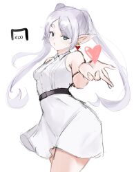 Rule 34 | 1girl, blowing kiss, dress, earrings, elf, frieren, green eyes, heart, heart earrings, highres, icoo, jewelry, long hair, pointy ears, sketch, solo, sousou no frieren, standing, thick eyebrows, twintails, white background, white dress, white hair