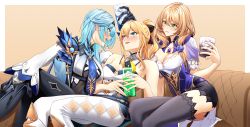 Rule 34 | 3girls, absurdres, bare shoulders, black gloves, black hairband, blonde hair, blue eyes, blue hair, blush, bow, breasts, brown hair, cleavage, commentary request, cup, dress, drinking glass, eula (genshin impact), genshin impact, gloves, green eyes, hair between eyes, hair bow, hair ornament, hairband, highres, jean (genshin impact), lisa (genshin impact), long hair, long sleeves, medium hair, multiple girls, necktie, open mouth, pants, ponytail, sidelocks, soruna (nell), thighhighs, yellow eyes, yuri