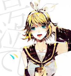 Rule 34 | 1girl, blonde hair, blue eyes, collarbone, detached sleeves, hair ribbon, hairband, hand in own hair, kagamine rin, looking at viewer, neckerchief, open mouth, rei (456789io), ribbon, shirt, short hair, simple background, solo, tears, upper body, vocaloid, white background, white hairband, white ribbon, white shirt, yellow neckerchief