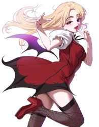Rule 34 | 1girl, alternate costume, black nails, blonde hair, commentary request, detached wings, dress, fingernails, floating hair, from side, hand up, high heels, highres, idolmaster, idolmaster (classic), idolmaster 2, leg up, looking at viewer, my dear vampire (idolmaster), nail polish, nijisanji, open mouth, pettan p, print thighhighs, puffy short sleeves, puffy sleeves, purple eyes, purple wings, red dress, red footwear, short sleeves, simple background, sister claire, solo, spider web print, teeth, thighhighs, virtual youtuber, white background, wings, yellow eyes