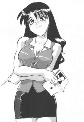 Rule 34 | 1girl, azuma kiyohiko, book, breasts, cleavage, crossed arms, large breasts, legs, looking at viewer, monochrome, skirt, smile, solo, thighs