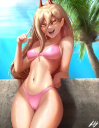 Rule 34 | 1girl, absurdres, against wall, beach, bikini, blonde hair, breasts, chainsaw man, covered erect nipples, day, hair between eyes, highres, horns, leaning back, long hair, looking at viewer, medium breasts, navel, open mouth, outdoors, palm tree, pink bikini, pointing, power (chainsaw man), ryanofstatefarm, sharp teeth, signature, smile, solo, stomach, stone wall, sweat, swimsuit, teeth, tree, wall, water, wide hips, yellow eyes