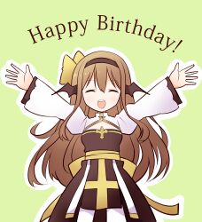Rule 34 | 1girl, absurdres, arch bishop (ragnarok online), arms up, arrow cross, blush, bow, breasts, brown dress, brown hair, brown hairband, brown wings, cleavage cutout, closed eyes, clothing cutout, commentary request, cowboy shot, cross, doridori, dress, green background, hair bow, hairband, happy birthday, head wings, highres, juliet sleeves, long hair, long sleeves, medium bangs, open mouth, outline, pelvic curtain, puffy sleeves, ragnarok online, sash, simple background, small breasts, smile, solo, teeth, thighhighs, two-tone dress, upper teeth only, white dress, white outline, white thighhighs, wings, yellow bow, yellow sash
