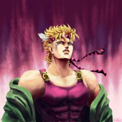 Rule 34 | absurdres, artist name, blonde hair, caesar anthonio zeppeli, facial mark, green eyes, headband, highres, jojo no kimyou na bouken, koffo-art, male focus, signature, solo, spiked hair, tank top, upper body, winged hair ornament
