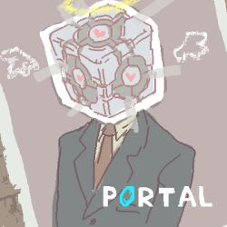 Rule 34 | 1boy, angel wings, buttons, cube, formal, halo, heart, lowres, male focus, necktie, oekaki, parody, personification, portal (series), portal 1, solo, suit, valve, aperture science weighted companion cube, wings, yokoshima (tirimoti)