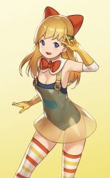 Rule 34 | 1girl, :d, blonde hair, blue eyes, bow, bowtie, character request, commentary request, copyright request, detached collar, dress, gloves, hair bow, hair ornament, hairclip, hand up, highres, houtengeki, long hair, looking at viewer, one-piece swimsuit, open mouth, red bow, red bowtie, see-through, simple background, smile, solo, striped clothes, striped thighhighs, swimsuit, thighhighs, v, virtual youtuber, yellow background, yellow dress, yellow gloves