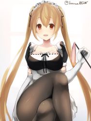 Rule 34 | 10s, 1girl, alternate costume, apron, bad id, bad twitter id, breasts, brown eyes, brown pantyhose, crossed legs, elbow gloves, enmaided, female focus, frills, gloves, kantai collection, large breasts, light brown hair, long hair, looking at viewer, maid, maid apron, maid headdress, murasame (kancolle), pantyhose, puffy short sleeves, puffy sleeves, ribbon-trimmed clothes, ribbon trim, sakiryo kanna, short sleeves, simple background, sitting, smile, solo, twintails, twitter username, white gloves