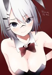 Rule 34 | 1girl, absurdres, animal ears, arknights, black leotard, bow, bowtie, breasts, bunny day, cleavage, collar, detached collar, floppy ears, frostnova (arknights), grey eyes, grey hair, hair ornament, hairclip, highres, large breasts, leotard, long hair, playboy bunny, rabbit ears, red background, red bow, red bowtie, revision, scar, scar on face, simple background, solo, strapless, strapless leotard, tsugu 0928, upper body, white collar