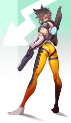 Rule 34 | 1girl, arrow (symbol), ass, bomber jacket, brown hair, dual wielding, gun, handgun, highres, holding, jacket, legs, long legs, looking at viewer, looking back, overwatch, overwatch 1, pants, pistol, short hair, solo, thighs, tight clothes, tight pants, tomoyuki kotani, tracer (overwatch), weapon