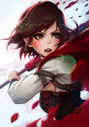 Rule 34 | 1girl, artist name, breasts, brown eyes, brown hair, buckle, cleavage, corset, day, fighting stance, lens flare, long sleeves, magion02, matching hair/eyes, medium breasts, open mouth, parted lips, petals, rose petals, ruby rose, rwby, short hair, solo, teeth, upper body