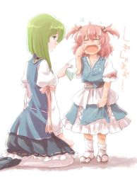 Rule 34 | 2girls, aged down, arm garter, black skirt, blue eyes, blue vest, blush, closed eyes, closed mouth, crying, frilled skirt, frills, green hair, hair bobbles, hair ornament, juliet sleeves, kitsune maru, long sleeves, looking at another, multiple girls, no headwear, obi, onozuka komachi, open mouth, puffy short sleeves, puffy sleeves, red hair, sandals, sash, seiza, shiki eiki, short sleeves, sitting, skirt, smile, snot, standing, tabi, tears, touhou, two side up, vest, white legwear, zouri