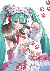 Rule 34 | 1girl, absurdres, blue hair, blue nails, blush, cat, detached sleeves, fang, green eyes, hatsune miku, highres, long hair, long sleeves, maid, maid headdress, open mouth, piyo (pixiv 2308057), skin fang, smile, solo, strawberry miku (morikura), twintails, vocaloid
