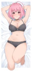 Rule 34 | 1girl, absurdres, ahoge, aqua hair, arms behind head, black bra, black choker, black panties, blush, bob cut, bow, bow bra, bow panties, bra, breasts, choker, cleavage, closed mouth, collarbone, colored inner hair, feet, groin, hair intakes, heart, heart-shaped pupils, highres, idolmaster, idolmaster cinderella girls, idolmaster cinderella girls starlight stage, knee up, lace, lace-trimmed bra, lace-trimmed panties, lace trim, large breasts, legs, light smile, lips, looking at viewer, lying, multicolored hair, navel, outside border, panties, pink eyes, pink hair, solo, stomach, symbol-shaped pupils, thighs, two-tone hair, underwear, wasabijoyu76, yumemi riamu