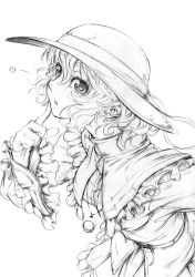 Rule 34 | 1girl, bow, finger to mouth, frills, greyscale, hat, hat bow, heart, imizu (nitro unknown), jewelry, komeiji koishi, monochrome, pendant, sketch, solo, touhou, wide sleeves