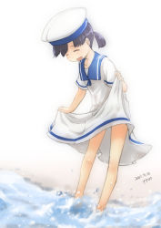 Rule 34 | 1girl, absurdres, artist name, black hair, blue sailor collar, dated, dress, closed eyes, fyuo, hat, hiburi (kancolle), highres, kantai collection, low ponytail, sailor collar, sailor dress, sailor hat, short hair, short sleeves, simple background, skirt hold, soaking feet, solo, standing, wading, water, white background, white dress