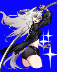 Rule 34 | 1girl, animal ears, arknights, ass, black coat, black shorts, blue background, blue eyes, claws, coat, cowboy shot, fangs, fingerless gloves, ghooost, gloves, grey gloves, hair between eyes, highres, katana, lappland (arknights), long hair, long sleeves, looking at viewer, midriff, open mouth, short shorts, shorts, silver hair, simple background, solo, sparkle, sword, tail, thighs, torn clothes, torn coat, weapon, wolf ears, wolf tail