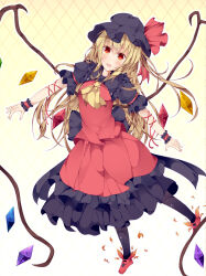 Rule 34 | 1girl, alternate costume, ascot, black mob cap, black pantyhose, blonde hair, crystal wings, dress, fant, flandre scarlet, frilled dress, frills, full body, hat, hat ribbon, mob cap, open mouth, pantyhose, red eyes, red ribbon, ribbon, solo, touhou, wrist cuffs, yellow ascot