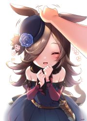 Rule 34 | 1girl, :d, ^ ^, absurdres, animal ears, bare shoulders, black dress, black headwear, blue flower, blue rose, blush, breasts, brown hair, closed eyes, dagger, dress, flower, flying sweatdrops, hair over one eye, hands up, hat, hat flower, headpat, highres, horse ears, horse girl, horse tail, knife, long sleeves, nose blush, off-shoulder dress, off shoulder, open mouth, out of frame, rice shower (umamusume), rose, signature, simple background, sleeves past wrists, small breasts, smile, solo focus, tail, tilted headwear, umamusume, weapon, white background, yufukiri