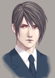 Rule 34 | 1boy, aged down, black hair, blue jacket, blue necktie, collared shirt, final fantasy, final fantasy vii, formal, grey background, hair between eyes, highres, jacket, looking at viewer, male focus, necktie, official alternate costume, portrait, red eyes, sd supa, shirt, short hair, solo, square enix, suit, suit jacket, turks (ff7), vincent valentine, white shirt