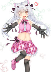 Rule 34 | 1girl, ;d, alternate costume, animal ear fluff, animal ears, armpit crease, azur lane, bare shoulders, black bow, black gloves, black thighhighs, blush, bow, breasts, cat ears, collared shirt, commentary request, cowboy shot, crop top, elbow gloves, frilled gloves, frills, gloves, hair between eyes, hair bow, highres, kasumasu (tales75), large breasts, long hair, looking at viewer, low twintails, midriff, navel, one eye closed, open mouth, pink footwear, pink shirt, pink skirt, shirt, shoes, sidelocks, silver hair, skindentation, skirt, sleeveless, sleeveless shirt, smile, solo, standing, standing on one leg, star (symbol), starry background, thighhighs, twintails, white background, yellow eyes, yukikaze (azur lane), zettai ryouiki