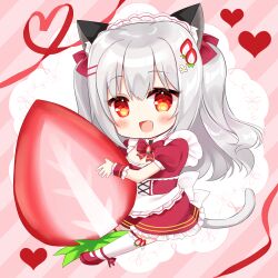 Rule 34 | 1girl, :d, animal ears, apron, blush, bow, breasts, cat ears, cat girl, cat tail, chibi, cleavage, diagonal stripes, doily, fang, food, frilled apron, frilled thighhighs, frills, fruit, full body, grey hair, hair bow, hair ornament, hairclip, long hair, looking at viewer, maid, maid headdress, medium breasts, mini person, minigirl, open mouth, original, pink background, red bow, red eyes, red footwear, shikito (yawa0w0), shoes, smile, solo, strawberry, striped, striped background, tail, thighhighs, two side up, very long hair, white apron, white thighhighs, wrist cuffs