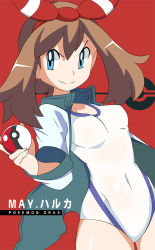Rule 34 | 1girl, alternate costume, blue eyes, breasts, brown hair, character name, cosplay, covered navel, creatures (company), english text, game freak, jacket, japanese text, may (pokemon), misty (pokemon), misty (pokemon) (cosplay), nintendo, poke ball, poke ball (basic), pokemon, pokemon hgss, pokemon oras, ribbon, swimsuit, vivivoovoo