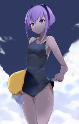 Rule 34 | 1girl, dark skin, dark-skinned female, fate/grand order, fate/prototype, fate/prototype: fragments of blue and silver, fate (series), hassan of serenity (fate), purple eyes, purple hair, school swimsuit, seseri7th, short hair, solo, swimsuit