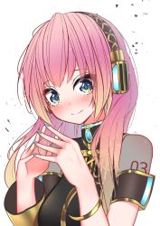 Rule 34 | 1girl, anniversary, armlet, asymmetrical sleeves, bad id, bad pixiv id, black shirt, blue eyes, blue nails, blush, bracelet, breasts, commentary, crying, crying with eyes open, fingers together, giryu, headphones, jewelry, just be friends (vocaloid), looking at viewer, medium breasts, megurine luka, nail polish, pink hair, shirt, shoulder tattoo, smile, solo, straight hair, tattoo, tears, uneven sleeves, upper body, vocaloid, white background