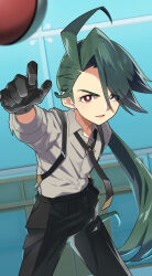 Rule 34 | 1girl, absurdres, black gloves, black necktie, black pants, blurry, bright pupils, buttons, collared shirt, commentary request, creatures (company), game freak, gloves, green hair, grey shirt, highres, indoors, long hair, looking at viewer, nakachiruno, necktie, nintendo, pants, poke ball, poke ball (basic), pokemon, pokemon sv, ponytail, red eyes, rika (pokemon), shirt, sleeves rolled up, solo, throwing, white pupils