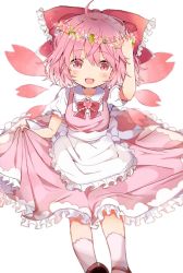 Rule 34 | 1girl, alternate color, alternate element, alternate eye color, alternate hair color, apron, arm up, blouse, bow, cherry blossoms, cirno, commentary request, dress, fairy wings, flower, frilled dress, frills, hair bow, head wreath, highres, holding, holding clothes, holding dress, looking at viewer, open mouth, pink bow, pink dress, pink eyes, pink hair, pink theme, puffy short sleeves, puffy sleeves, red bow, sakura cirno, satoupote, shirt, short hair, short sleeves, smile, solo, touhou, white shirt, wings, wreath
