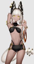 Rule 34 | 1girl, absurdres, animal ears, armpits, black shorts, bracelet, breasts, closed mouth, cowboy shot, criss-cross halter, crop top, dark-skinned female, dark skin, ear piercing, extra ears, gawako, halterneck, highres, jewelry, long sleeves, looking at viewer, multiple rings, nail polish, orange nails, original, piercing, ring, see-through, see-through sleeves, short hair, short shorts, shorts, simple background, single sleeve, small breasts, solo, standing, stomach, tail, tail ornament, tail ring, white hair, yellow eyes
