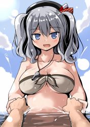 Rule 34 | 10s, 1girl, beret, bikini, blue eyes, breasts, cleavage, commentary request, grey hair, hat, jewelry, kantai collection, kashima (kancolle), long hair, looking at viewer, navel, necklace, open mouth, partially submerged, smile, solo focus, swimsuit, tsurime, tsuzuri (tuzuri), twintails, water, whistle