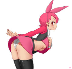 Rule 34 | 1girl, animal ears, ass, black thighhighs, blush, breasts, come hither, fake animal ears, kuroonehalf, large breasts, leaniing, leaning forward, looking at viewer, looking back, naughty face, original, panties, pink hair, rabbit ears, red eyes, shiny clothes, shiny skin, short hair, skirt, smile, solo, thighhighs, underboob, underwear, upshirt, upskirt, vest
