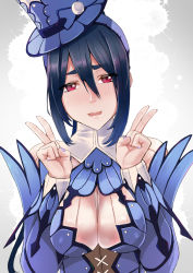 Rule 34 | 1girl, armor, black hair, blush, bnahabra (armor), breasts, capcom, cleavage, cleavage cutout, clothing cutout, hand gesture, highres, large breasts, monster hunter (series), red eyes, short hair, simple background, solo, white background, yilan un