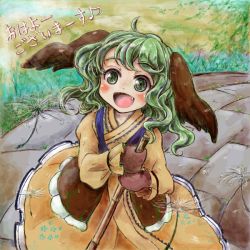 Rule 34 | 1girl, :d, animal ears, bamboo broom, blush, broom, dog ears, dress, fang, female focus, gloves, green eyes, green hair, holding, kasodani kyouko, matching hair/eyes, mittens, nanashii (soregasisan), open mouth, smile, solo, text focus, touhou, translated, wild and horned hermit